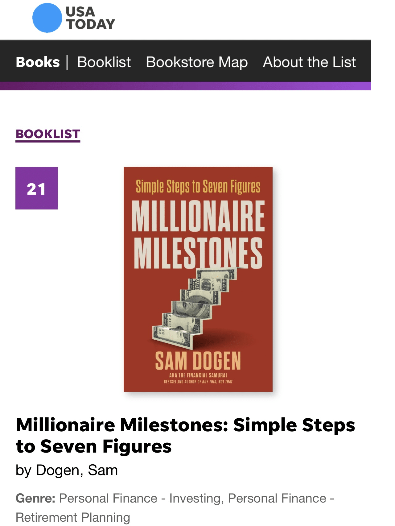 Millionaire Milestones by Sam Dogen, USA TODAY national bestseller